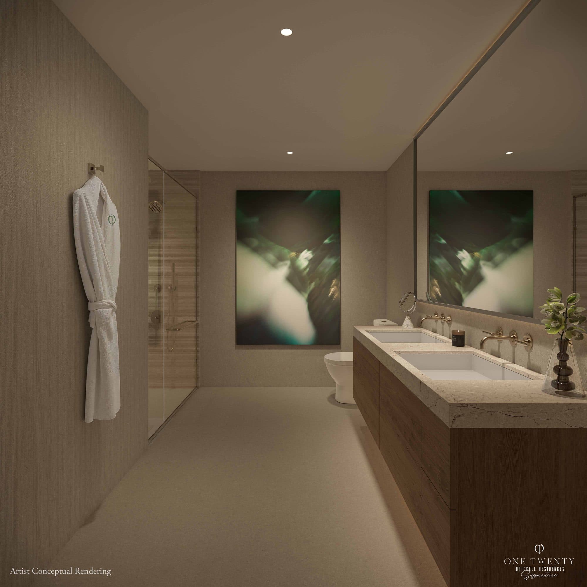 Baño con gabinetes italianos y accesorios WaterWorks en One Twenty Brickell Signature